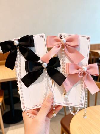 1 Piece Girl's Ribbon Pearl Tassel Back Hair Clip With Chain Trim, Red Flocked Bow, Suitable For Everyday Wear Or Holiday Outfits.