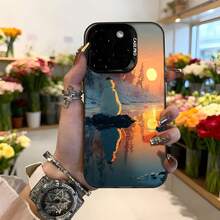 Cubierta de telefono con diseño de paisaje al atardecer color azul y naranja con reflejo en agua y texto CASETTO para uso diario y fotos esteticas Aplicable a los teléfonos de la serie Apple y Galaxy - Negro - Ver 2