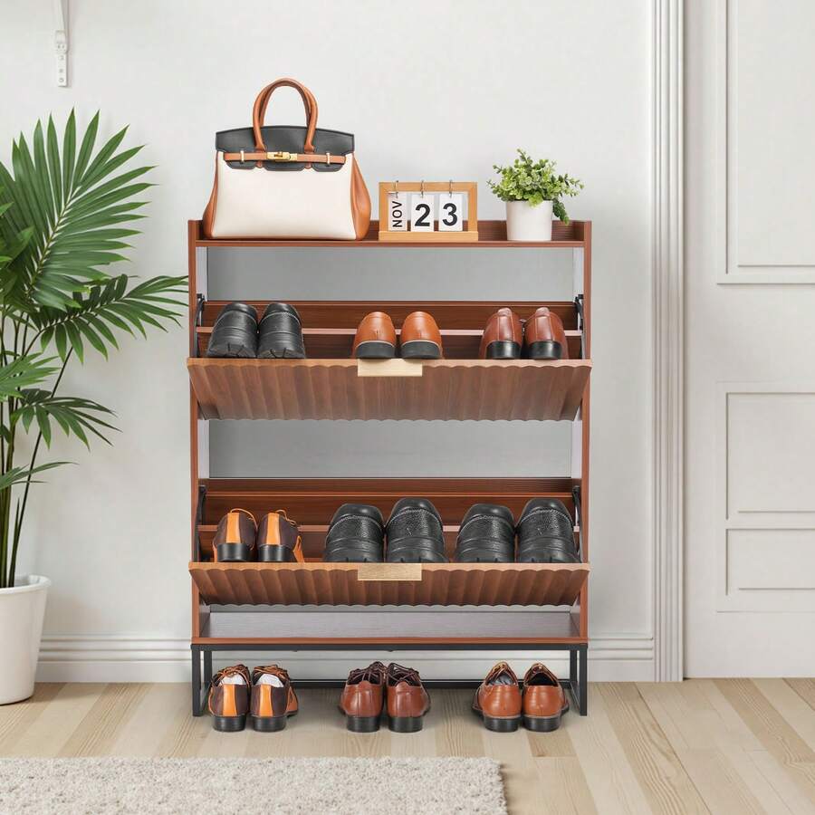 Shoe Cabinet With 2 Flip Drawers, Mid-Century Shoes Storage Cabinet With Anti-Tipping Device, Freestanding Fluted Shoe Organizer, Ideal For Entrance, Hallway, Bedroom, Living Room, Walnut - Medieval Style 31.5-inch 2-Drawer - 查看 1