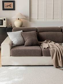 1pc Teddy Plush Solid Color Sofa Cover, Elastic Wrap-Around, Warm & Comfortable, Simple Ins Style, Pet-Friendly Anti-Slip Anti-Dirt Elastic Washable Sofa Slipcover, Suitable For L-Shaped Sofa 1/2/3/4 Seats, For Living Room, Bedroom, Study - Brown - View 5