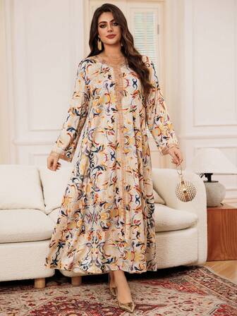 复古印花丝带装饰阿拉伯风格连衣裙