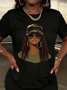 Women Camouflage Hat And Sunglasses Graphic Print T Shirt Streetwear Fashion Casual Wear - 黑色 - 查看 1