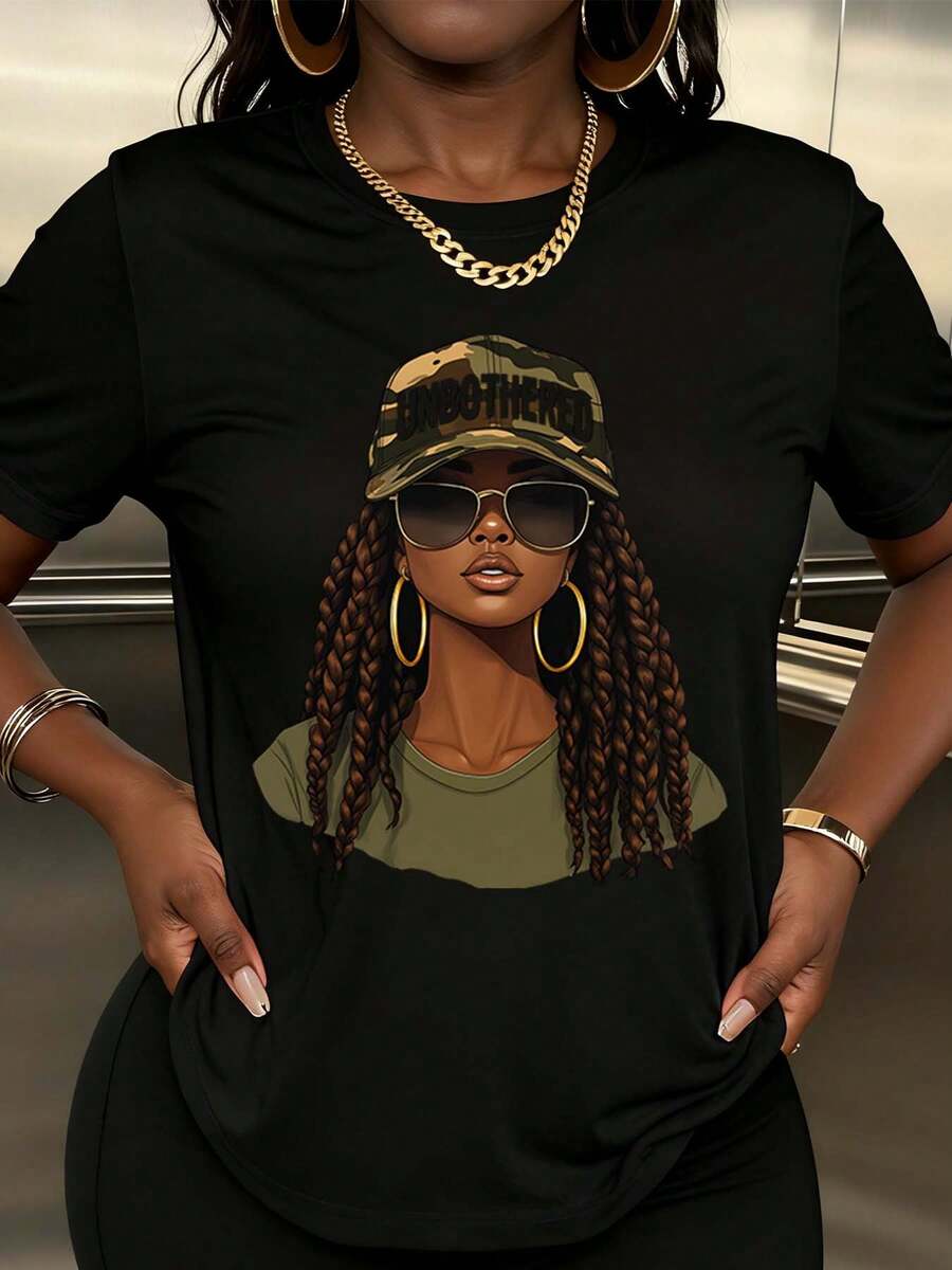 Women Camouflage Hat And Sunglasses Graphic Print T Shirt Streetwear Fashion Casual Wear - 黑色 - 查看 1