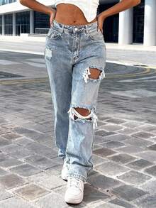 女士时尚破洞破洞锥形牛仔裤宽松破洞男友风牛仔裤