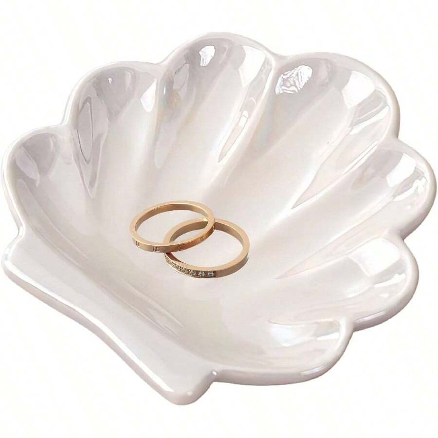 Conch Shape Jewelry Dish Ceramic Holder Ring Trinket Tray, Ocean - Themed Decorative Trinket Dish, Suitable Mother Friend Sister, Gifts Women, Home Decor Trinket DishSea Blue - 貝殼白 - 查看 1