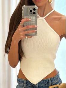 Cropped Ribbed Modal Women's Plain Halter Summer Tie Neck Knit Moura Tricot - White - View 2