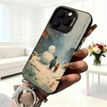 Cubierta de telefono con diseño de invierno azul con muñeco de nieve y niño caminando en escena nevada para uso diario en cafeterias y espacios urbanos - Negro - Ver 6