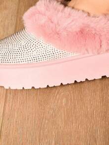 Womens Casual Fluffy Boots Fashion Faux Fur Rhinestone Slippers Pink Cozy Slip-On Platform House Shoes Soft Warm Lining With Sparkling Design Perfect For Fall/Winter Indoor And Outdoor Use - 粉色 - 查看 4
