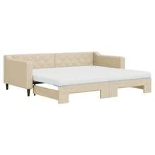 vidaXL Ausziehbares Tagesbett Mit Matratzen, Creme, 90x200 Cm, Stoff - White - View 2