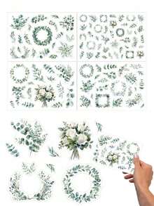4 hojas de pegatinas de hojas verdes para scrapbooking / 100 pegatinas de hojas de eucalipto para bodas y fiestas, perfectas para scrapbooks, diarios, álbumes de fotos, tarjetas de felicitación y collages - Ver 1
