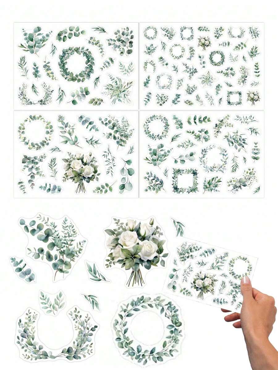 4 hojas de pegatinas de hojas verdes para scrapbooking / 100 pegatinas de hojas de eucalipto para bodas y fiestas, perfectas para scrapbooks, diarios, álbumes de fotos, tarjetas de felicitación y collages - Ver 1