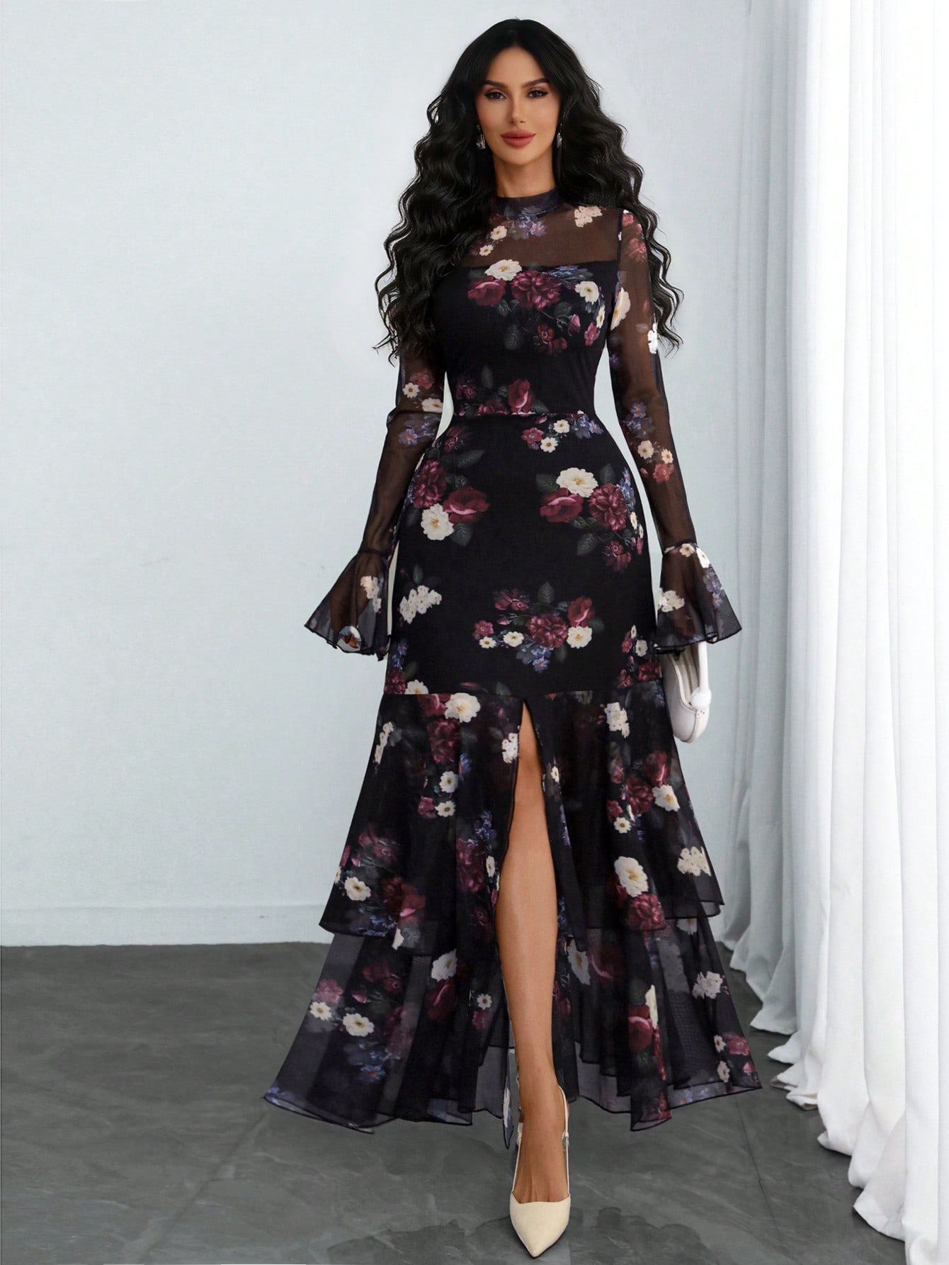 فستان نسائي مطبوع بياقة ماندرين، مشدود الخصر، وذو...