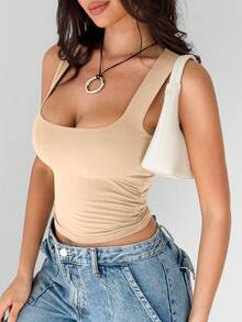 SDNGEDLadies' Plain Double-Layer Pleated Square Collar Versatile Tank Top, Spring And Summer