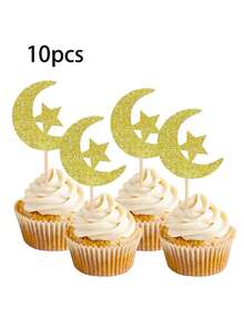 1/10/20 件新月星形装饰品，金色闪光蛋糕装饰，适用于开斋节、开斋节蛋糕装饰、开斋节派对用品、甜品桌装饰、糖果装饰、派对装饰、斋月。