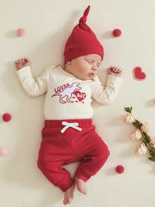 Conjunto de ropa para bebé niño con estampado de letras y camión bordado, pantalones con cintura elástica, sombrero para primavera - Rojo - Ver 3