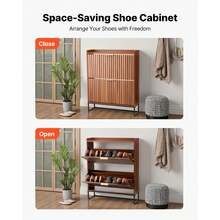 Shoe Cabinet With 2 Flip Drawers, Mid-Century Shoes Storage Cabinet With Anti-Tipping Device, Freestanding Fluted Shoe Organizer, Ideal For Entrance, Hallway, Bedroom, Living Room, Walnut - Medieval Style 31.5-inch 2-Drawer - 查看 4