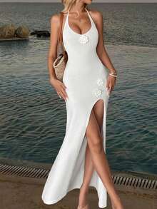 性感露背优雅罩衫连衣裙 - 女士春夏休闲沙滩度假纯白色V领侧开衩修身针织长裙沙滩度假套装，简约复古风秋季长款派对连衣裙（花朵位置随机）