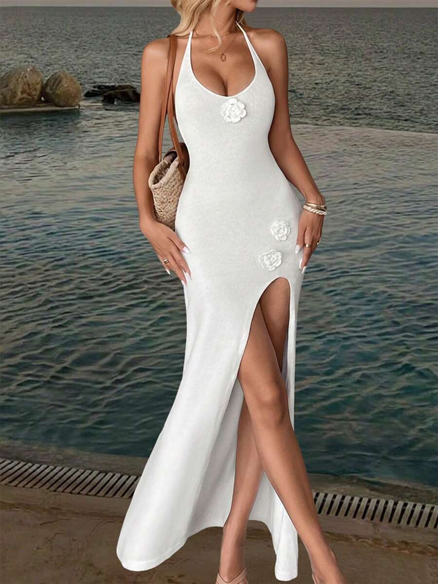 性感露背优雅罩衫连衣裙 - 女士春夏休闲沙滩度假纯白色V领侧开衩修身针织长裙沙滩度假套装，简约复古风秋季长款派对连衣裙（花朵位置随机）