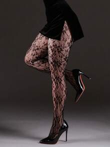 1pc Women's High Stretch Trellis Net Pantyhose Sexy Hollow Out Retro Black Stockings High Elasticity  Y2K Style Comfortable And Fashionable Hosiery Perfect For Parties, Special Occasions And Fashion-Forward Looks - 黑色 - 查看 5