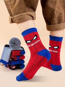 Marvel 5双装儿童超级英雄蜘蛛侠加厚保暖毛巾袜，女童中筒袜，男童卡通冬季袜，透气婴儿/学生袜 - 彩色 - 查看 3