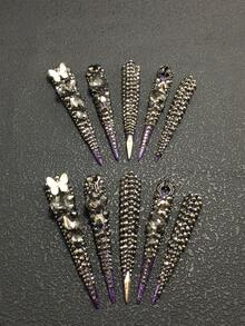 10pcs Handmade 3D Nail Art Decorations, 7.7mm Thin, High Heel, Rabbit & Butterfly Metal Accessories With Rhinestones, Multi-Color 3D Carving, Suitable For Women For Party, Prom And Daily Wear. Available In 3 Sizes. - Multicolor - View 1