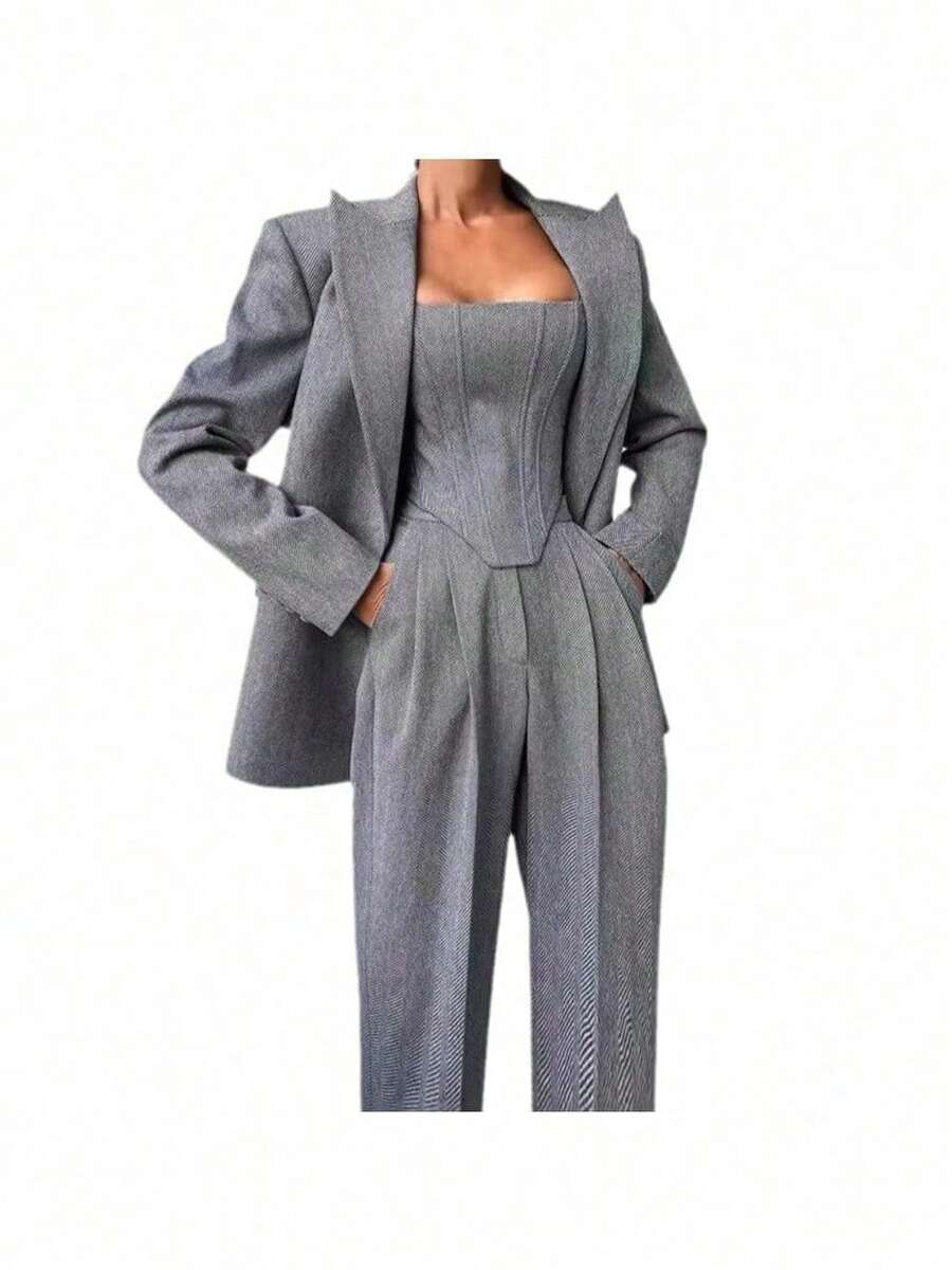 Autumn And Winter Fish Bone Fashion Waist Versatile Long Jacket Women's Vest Pants Three-Piece Suit Suit Long-Sleeved Women's Clothing - 灰色 - 查看 1