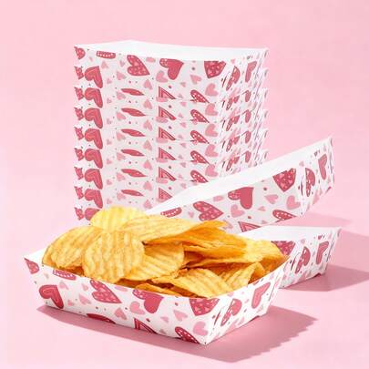 10pcs/20pcs Pink Valentine's Day Party Supplies Food Trays, Heart Shaped Disposable Food Boats, Valentine's Day Food Serving Trays, Suitable For Engagement, Anniversary, Birthday Party Decorations, Valentine's Day Dessert/Cookie Boxes - Party Candy Containers