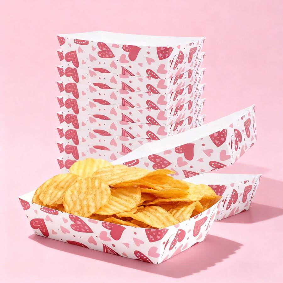 10个/20个装粉色情人节派对用品食品托盘，心形一次性食品船，情人节食品盛放托盘，适用于订婚、周年纪念、生日派对装饰，情人节甜点/饼干盒 - 派对糖果容器 - 彩色 - 查看 1