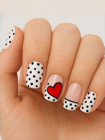 Alla hjärtans dag korta ovala nagelset: 24 stycken korta ovala pressade naglar. (Med svarta och vita prickar och runda prickar, röd hjärtformad design) Lämplig för tjejdejter. Används vid dagliga sammankomster, festivaler och andra tillfällen. Som present till din flickvän, för nageldekoration, akrylnaglar, plexiglasnaglar!