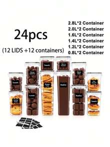 VOOVA 48pcs Airtight Bento Boxes With LIDS, Plastic Kitchen Food Storage Containers, Storage Containers For Cereal, Rice, Flour, And Oatmeal Cans, Dishwasher Friendly, Labeled And Labeled Kitchen Items - Black and White - View 11