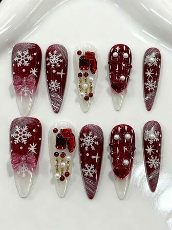 10PCS Long Stiletto Handmade Press On Nails For Party And Daily Wear,Red And White Nail ,Christmas Snowflake, Easy To Wear 10pcs Y2K Handmade Press On Nails,Shining Bright ,Suitable For Girls And Women Festivals Parties And Daily Wear