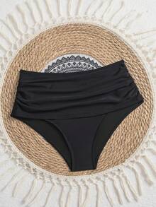 High Waist Pleated Bikini Bottoms, Casual & Versatile, Highly Elastic & Comfortable Vacation - Black - View 4
