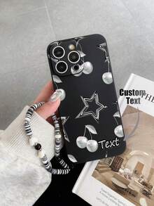 1pc Customizable Black TPU Phone Case With Star Pattern & 1pc Black Heart-Shaped Soft Clay Wrist Strap, Customizable Text Phone Case, Anniversary Gift, Valentine's Day Gift, Birthday Gift, Wedding Gift, Mother's Day Gift, Father's Day Gift, Best Friend Gift, Gift For Mom/Dad, Gift For Boyfriend/Girlfriend, Suitable For Apple/Matching Phone Cases/Phone Cases With Lanyard/Funny Phone Cases/Android Phone Cases/ Phone Cases/ Phone Cases/OPPO Phone Cases/Galaxy A51 4G - Multicolor - View 1