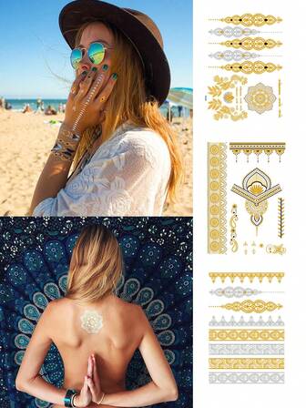 3 hojas de tatuajes temporales de arte corporal aptos para mujeres u hombres, tatuajes de lámina de oro, diseños florales y de patrones, tatuajes falsos impermeables, duran de 2 a 5 días, se pueden aplicar en manos, brazos, cuello, hombros, pecho, cintura, piernas y espalda, adecuados para festivales, fiestas, regalos, vacaciones, festivales de música y decoración corporal.