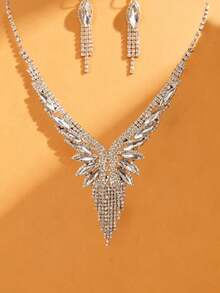 مجموعة مجوهرات فستان زفاف فاخرة للنساء، تتكون من قلادة ودرع أذن مرصعة بالراين ستون، إكسسوارات فستان رسمي لامع، قطعتان - فضي - مشاهدة 5