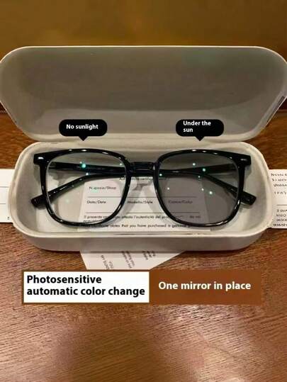 1副时尚变色灰色大框男女通用眼镜，适合防晒、电脑使用和日常佩戴。