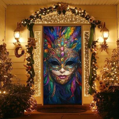 2D Flat Colorful Carnival Mask Polyester Door Cover - Perfect For Birthday Parties, Photo Booths, And Outdoor Celebrations - Versatile No-Power Photography Background