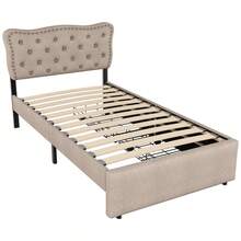 Flat Bed 90*200, Padded Bed, Bedside Table Cushion With Decorative Studs, Double Drawers, Light Beige Color - Beige Brown + MDF - View 2