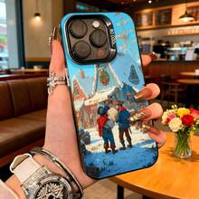 Cubierta de telefono con diseño navideño azul con escena invernal y personas en mercado navideño para uso diario en cafeterias - Negro - Ver 2