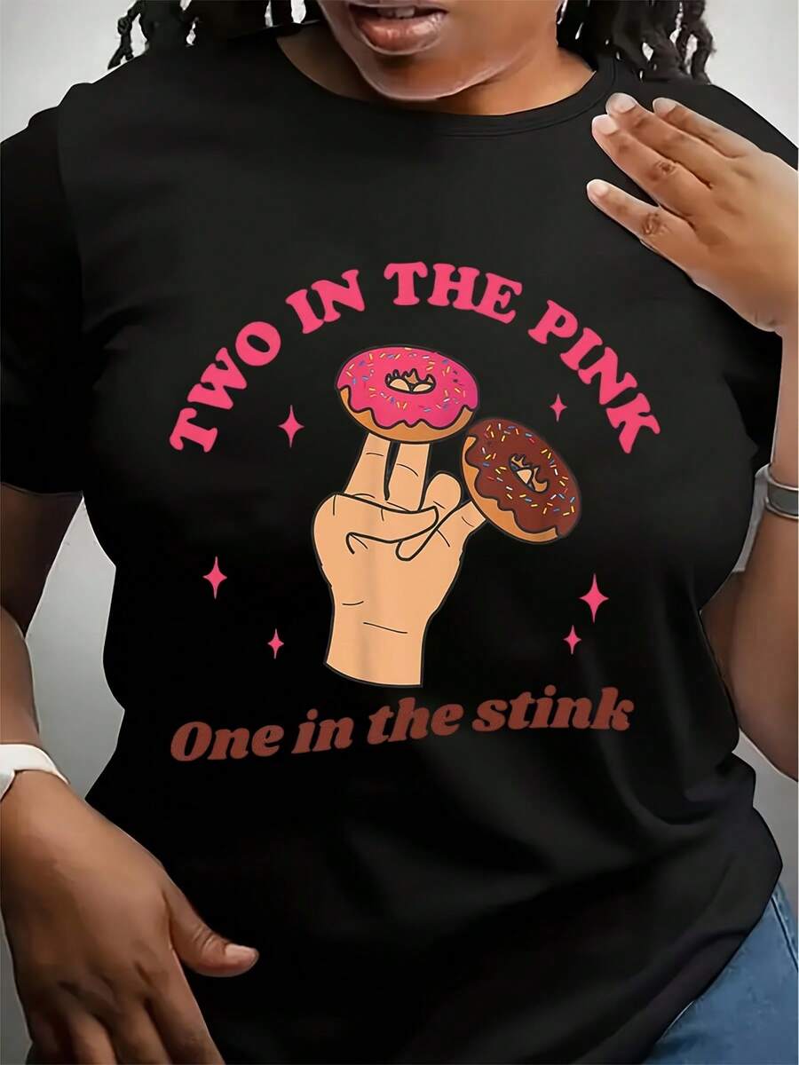 Women Round Neck T Shirt Two In The Pink One In The Stink Donut Hand Graphic Print Short Sleeve Casual Summer Top For Everyday Wear - 黑色 - 查看 1