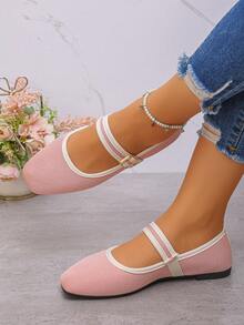 大码 35-43 时尚方头平底鞋，休闲套脚搭扣鞋，适合搭配连衣裙，春秋季，随机图案，芭蕾平底鞋 - 粉紅色細紋布面 - 查看 4