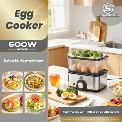 SUPERLEX Egg Boiler, 2-Tier For Up To 16 Eggs, Stainless Steel, 60-Min Timer, Automatic Shut-Off, Electric Steamer For Eggs, Vegetables, Meat