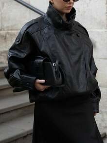 SHIBASHAN Women's Oversized Faux Leather Bomber Jacket, Stand Collar, Y2K Motorcycle Jacket With Pockets, Autumn/Winter Black - Black - View 4