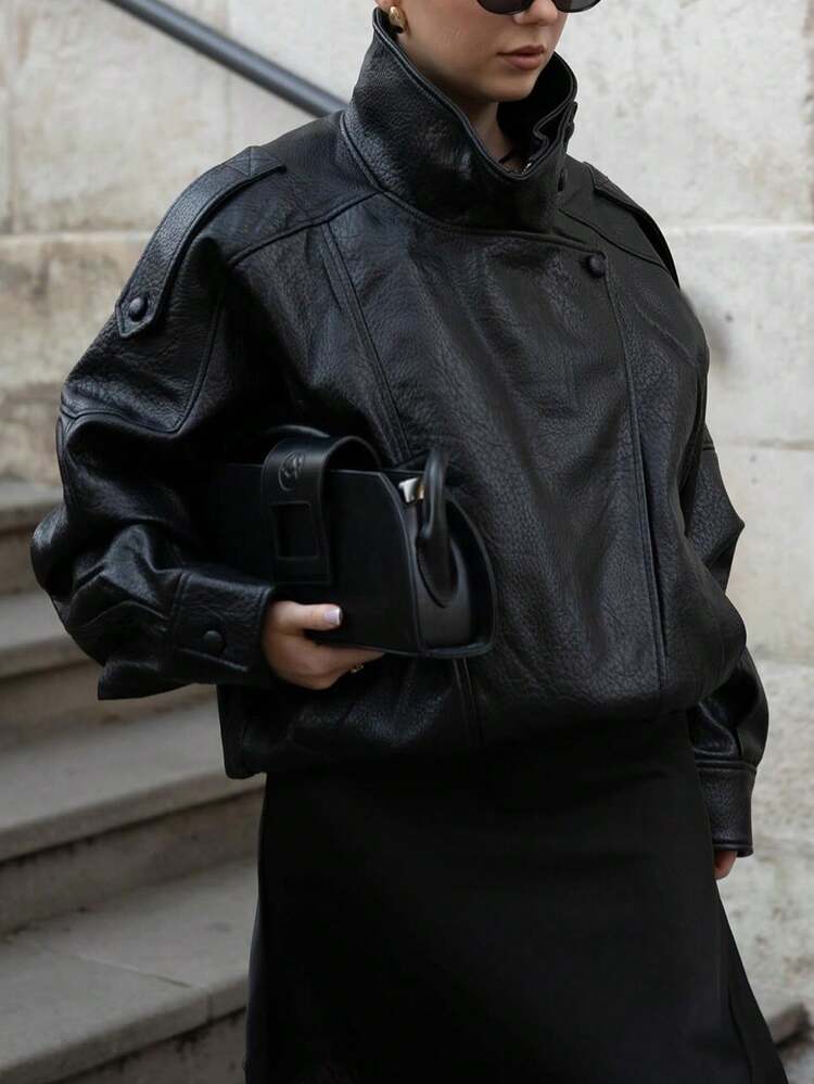 Chaqueta bomber de piel sintética oversize para mujer SHIBASHAN, con cuello alto, chaqueta de motocicleta Y2K con bolsillos, color negro para otoño/invierno - Negro - Añade 3