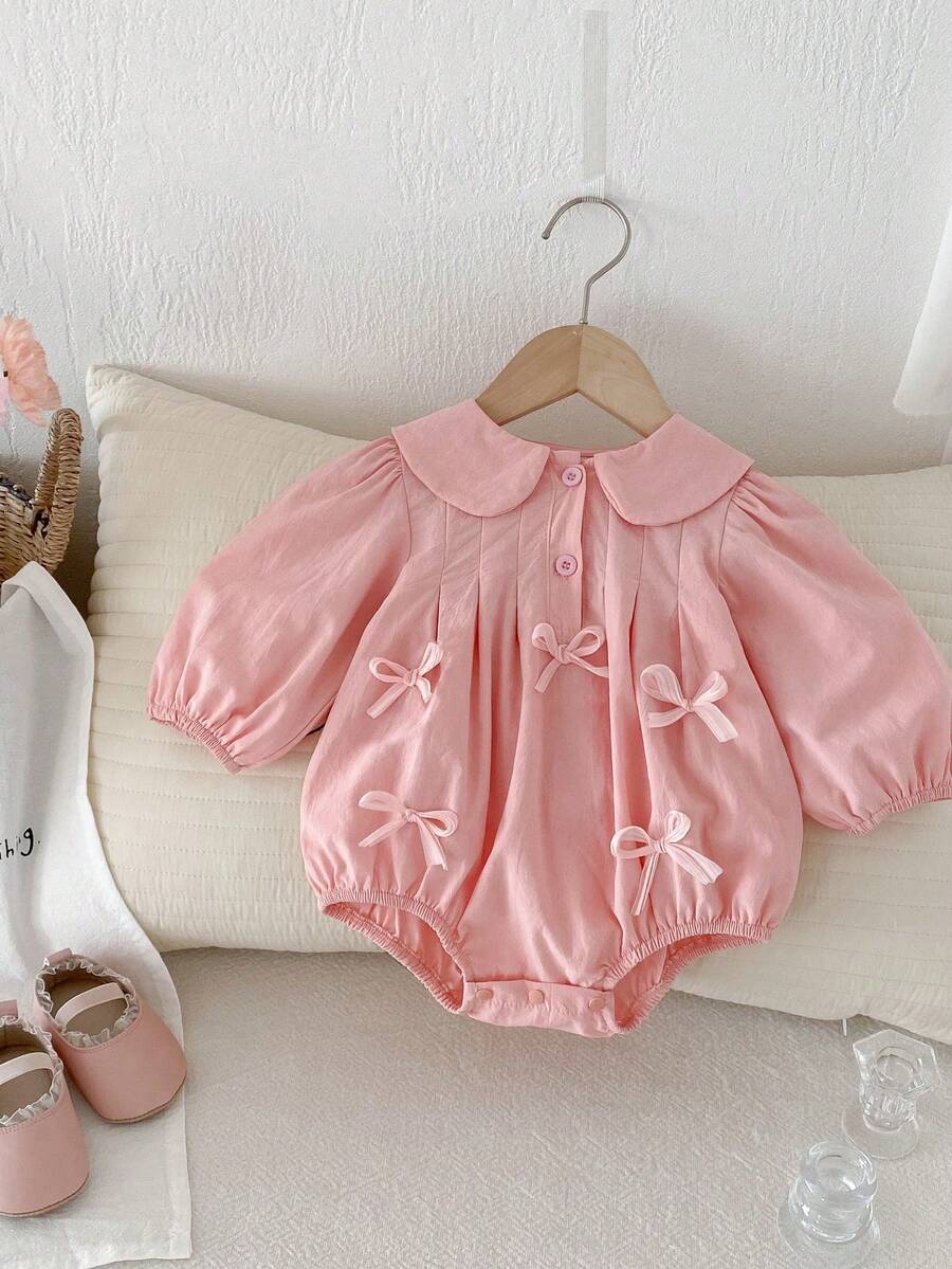 1pc Baby Girl Pink Bow Bodysuit For Fall Season - Pink - View 1