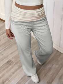 Sunny Girly Spring Women's Back To School Striped Straight-Leg Pants, With A White Ruffled Waist Design, Suitable For Valentine's Day Wear - Light Grey - View 10