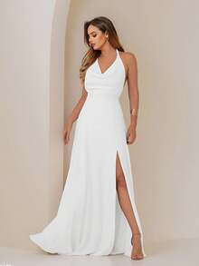 Long White Halter Neck Dress With Tie Straps Yasmin New Year's Eve Party Dress With Flowing Long Skirt With Lining And Slit NM Nana Marie - 白色 - 查看 1