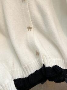 Women's Casual Bow Button Patchwork Contrast Color Pocket Knit Cardigan, Autumn/Winter - White - View 9