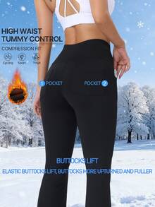 2pcs High Waist Flare Leg Thermal Lined Yoga Pants, Elastic Waist Drawstring Sweatpants With Pockets For Women, Warm Soft Lined Bootcut Trousers For Workout, Running, Autumn/Winter - Black - View 4