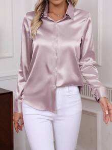 大码女士优雅斜纹衬衫，经典纯色柔软舒适单排扣长袖上衣，2025秋冬新款女装大码上衣 - 淡紫色 - 查看 1